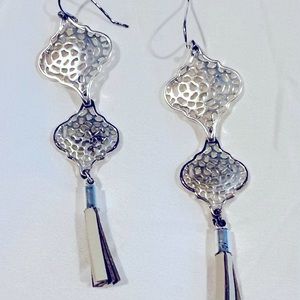 Stella & Dot Plait Drop Earrings.Silver color metal with leather fringe. 3” drop